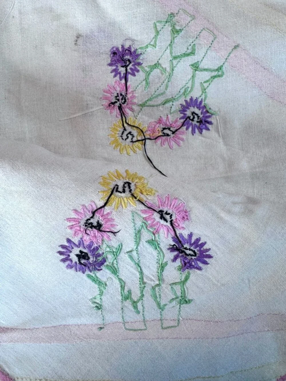 Vintage Hand Embroidered Floral Tablecloth Multi Color Stripes 42 x 30